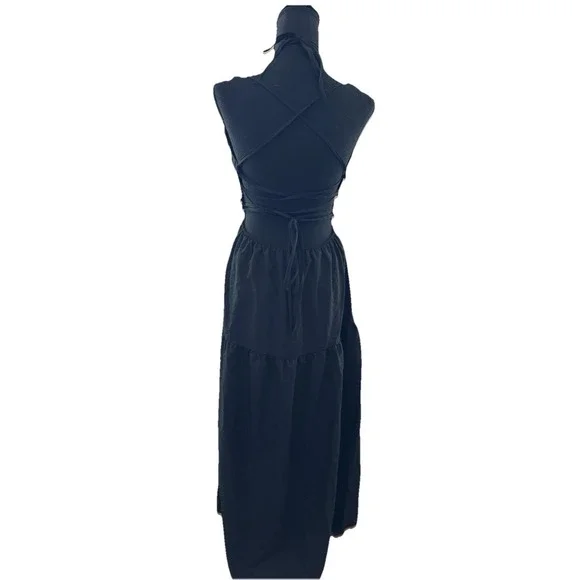 Womens Babydoll Tiered Midi Dress Size L Black Halter Whimsigoth Dark Coquette - Picture 3 of 5